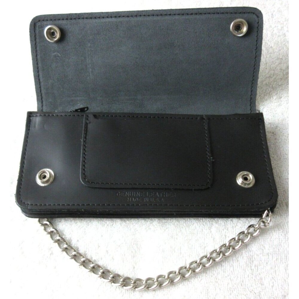 Men's Genuine Leather Skull Skeleton Trucker Snap Chain Wallet Black USA Made - Picture 4 of 7